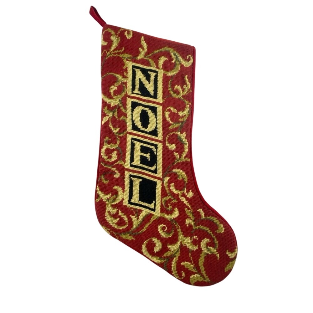 Handmade Needlepoint NOEL Christmas Holiday Stocking Black Gold Red
